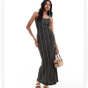 ASOS Design Black & Tan Striped Maxi Dress with Back Detail, Stretchy Size S